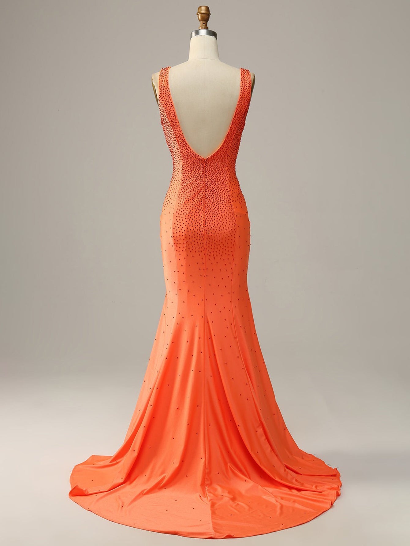 Mermaid V-Neck Backless Beaded Orange Long Prom Dress