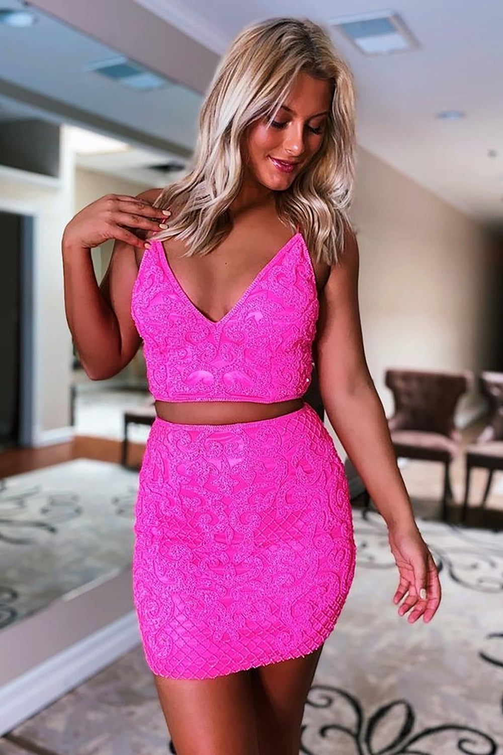 Two Piece Spaghetti Straps Hot Pink Short Homecoming Dress with Appliques
