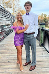 Sheath Off the Shoulder Purple Sequins Short Homecoming Dress with Feather