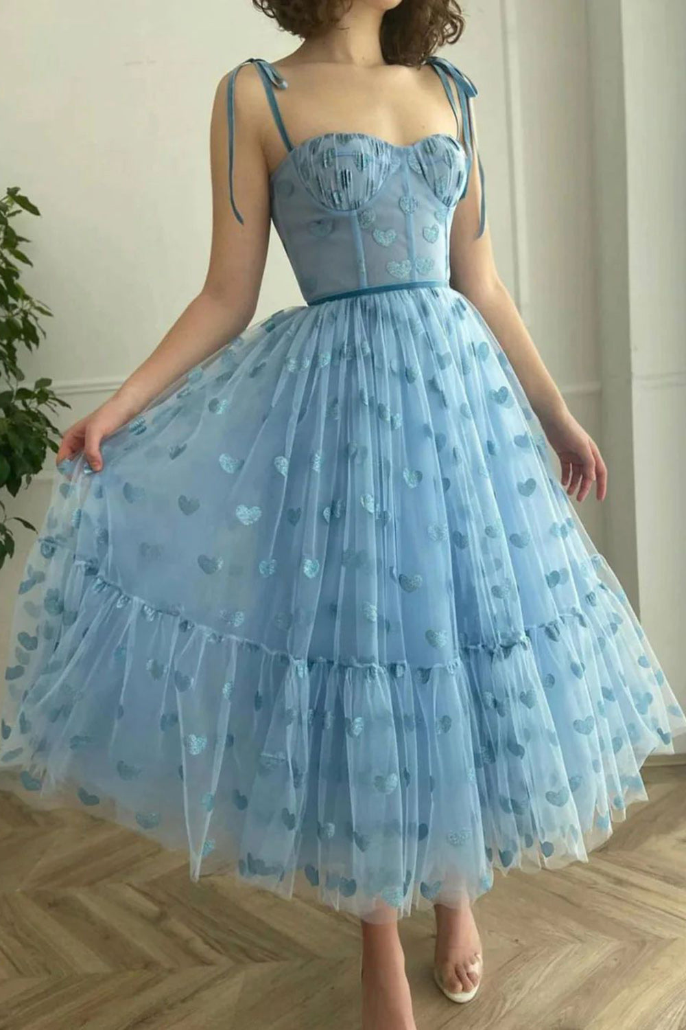 A Line Cute Spaghetti Straps Blue Tea Length Homecoming Dress