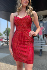 Bodycon Sweetheart Red Sequins Short Homecoming Dress with Criss Cross Back