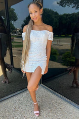 Stylish Bodycon Off the Shoulder White Homecoming Dress with Silt