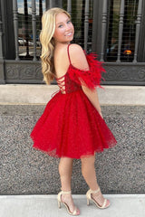 Gorgeous A Line Off the Shoulder Red Corset Homecoming Dress with Feather
