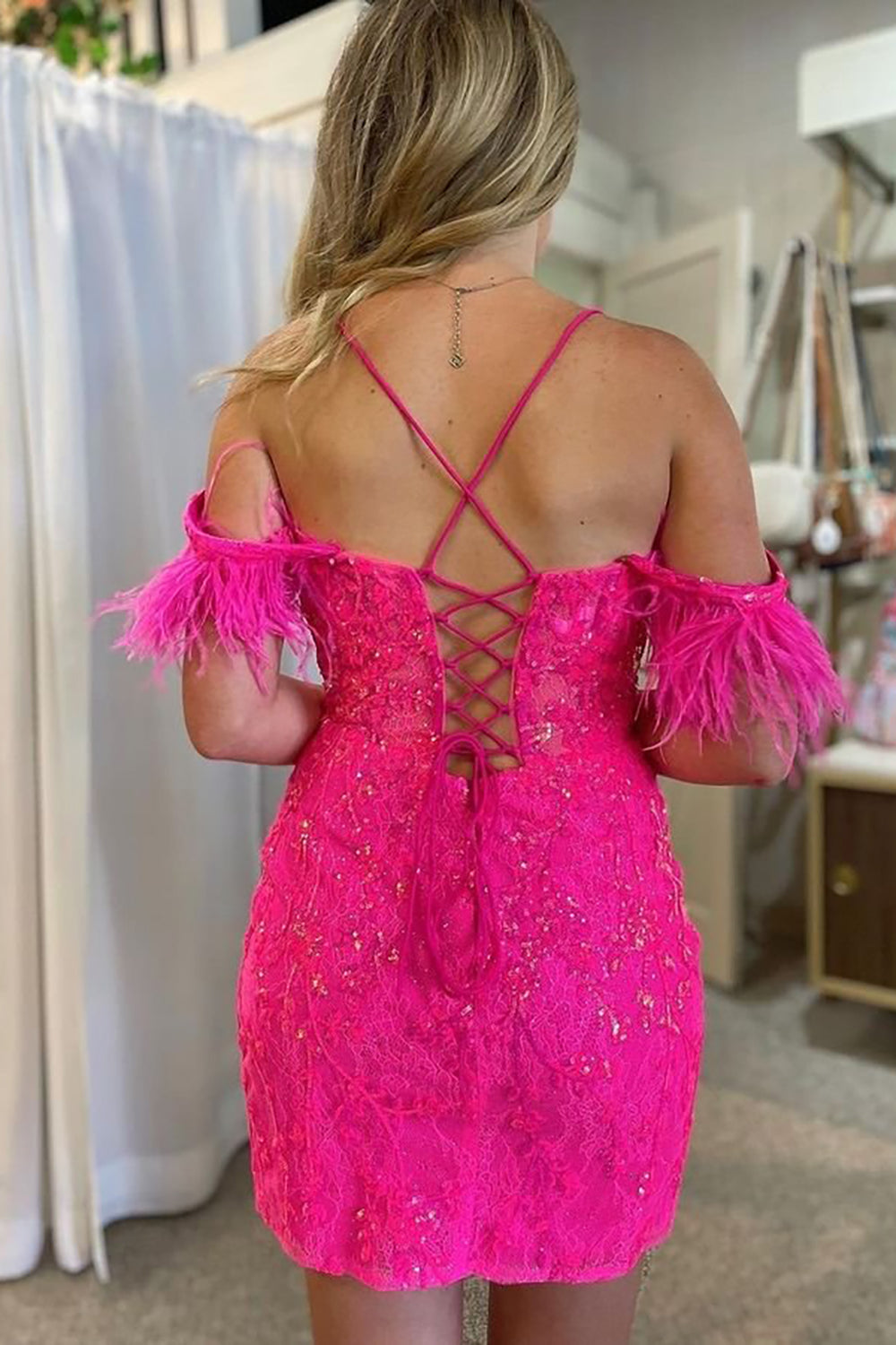 Gorgeous Sheath Off the Shoulder Fuchsia Short Homecoming Dress with Feather