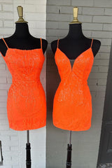 Unique Bodycon Spaghetti Straps Orange Sequins Short Homecoming Dress