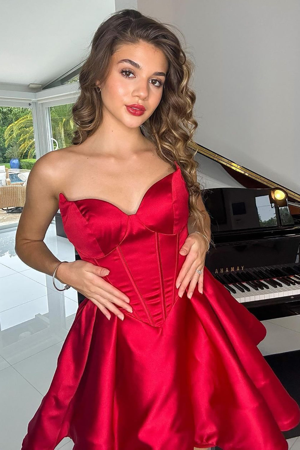 Cute A Line Sweetheart Red Corset Homecoming Dress with Ruched
