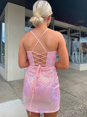 V Neck Glitter Sequins Short Pink Homecoming Dress