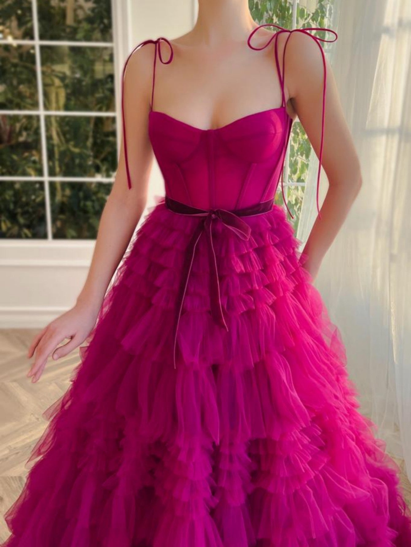 Strapless A Line Fuchsia Tiered Long Prom Dress