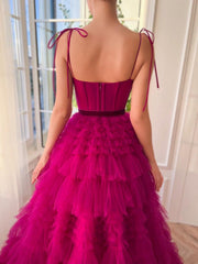 Strapless A Line Fuchsia Tiered Long Prom Dress