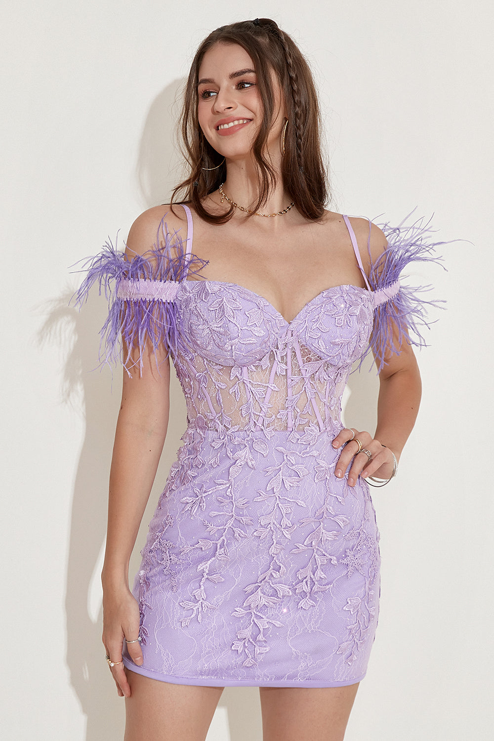 Lavender Off the Shoulder Homecoming Dress with Feathers