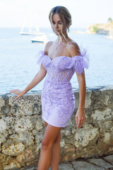 Sheath Lavender Off the Shoulder Homecoming Dress with Feathers