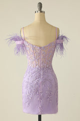 Lavender Off the Shoulder Homecoming Dress with Feathers