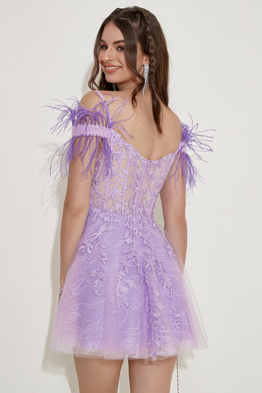 Lavender Off Shoulder Homecoming Dress with Feathers