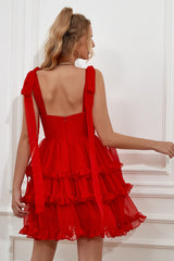 Red Tiered Short Homecoming Dress With Bows