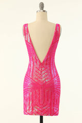 Sparkly Shetah V Neck Fuchsia Sequins Short Homecoming Dress with Open Back