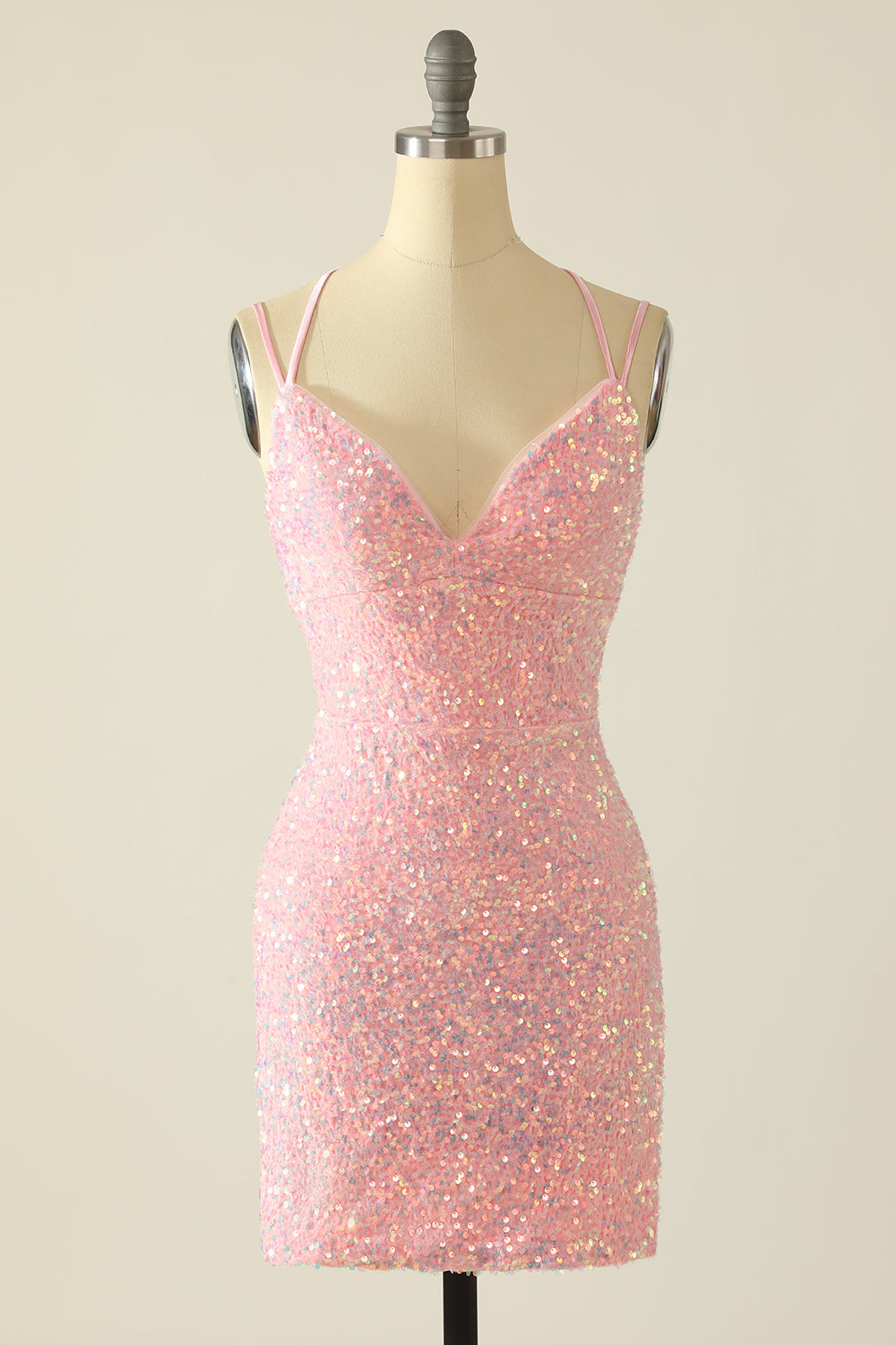 Pink Spaghetti Straps Backless Sequins Homecoming Dress