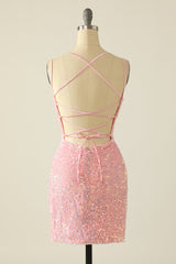 Pink Spaghetti Straps Backless Sequins Homecoming Dress