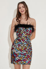 Colorful Strapless Cocktail Dress with Feathers