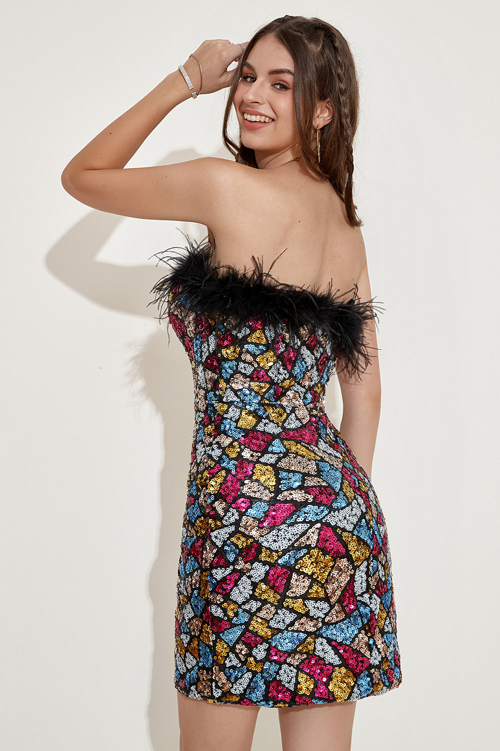 Colorful Strapless Cocktail Dress with Feathers