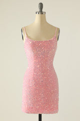 Sheath Spaghetti Straps Pink Sequins Short Homecoming Dress