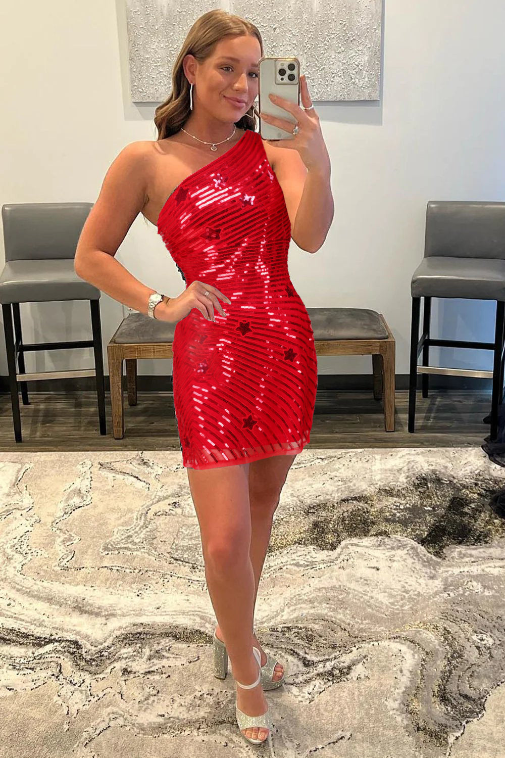 Cheap Sheath One Shoulder Red Sequins Short Homecoming Dress with Star