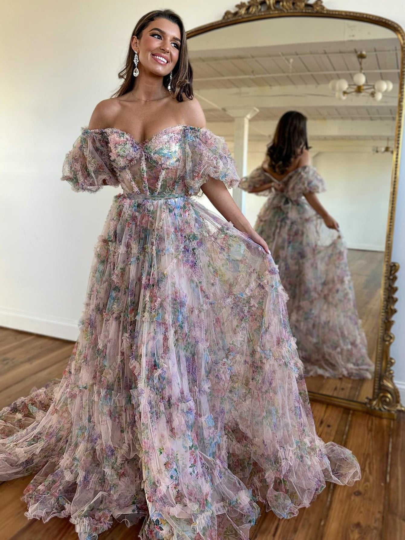 Strapless Off The Shoulder A Line Floral Tulle Long Prom Dress