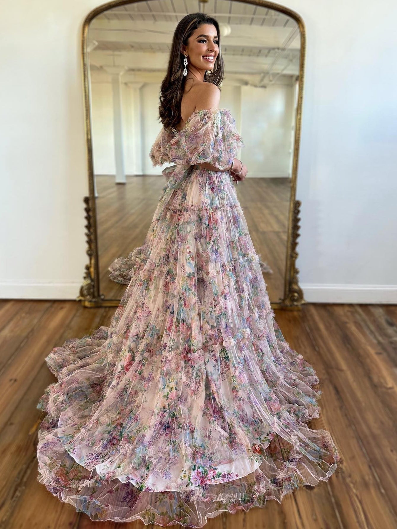 Strapless Off The Shoulder A Line Floral Tulle Long Prom Dress