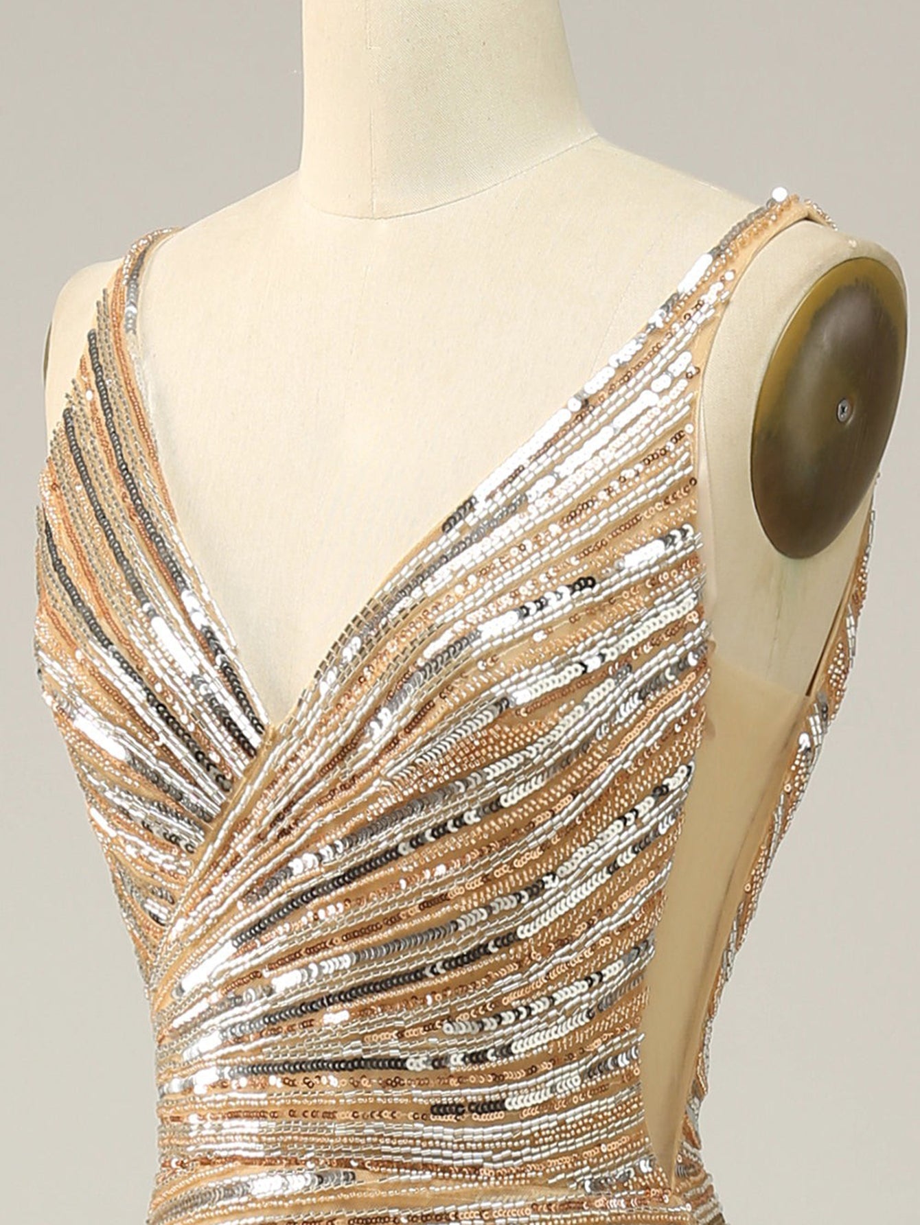 Sequins Golden Deep V Neck Sleeveless Long Prom Dress with Slit