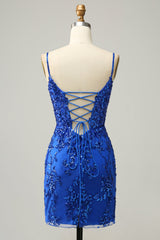 Sheath Spaghetti Straps Royal Blue Sequins Short Homecoming Dress with Criss Cross Back