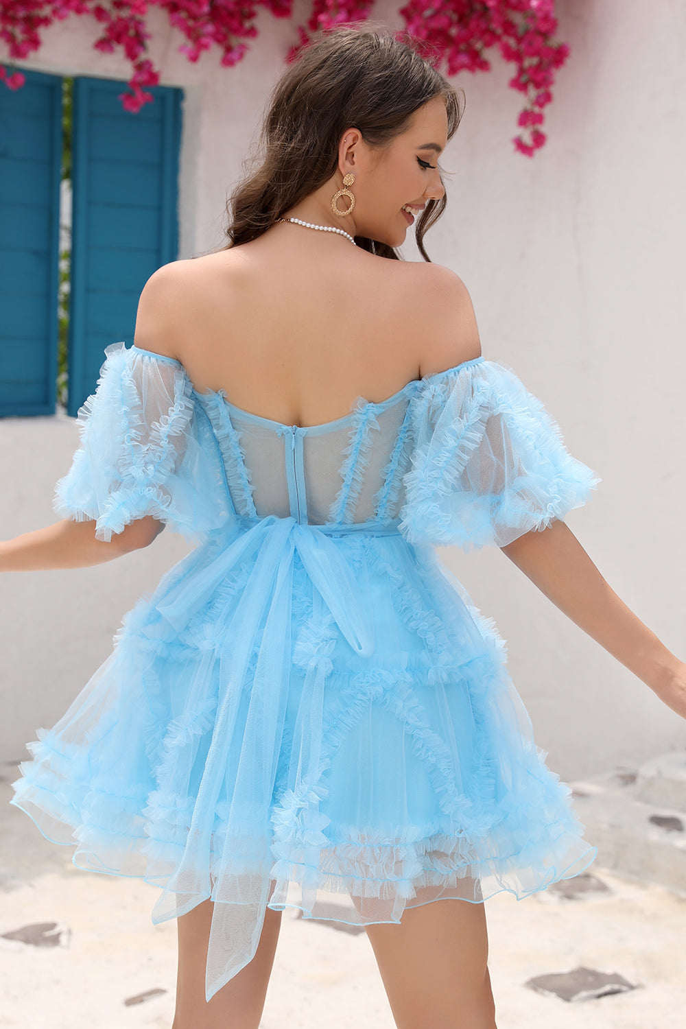 Cute A Line Off the Shoulder Black Tulle Corset Homecoming Dress