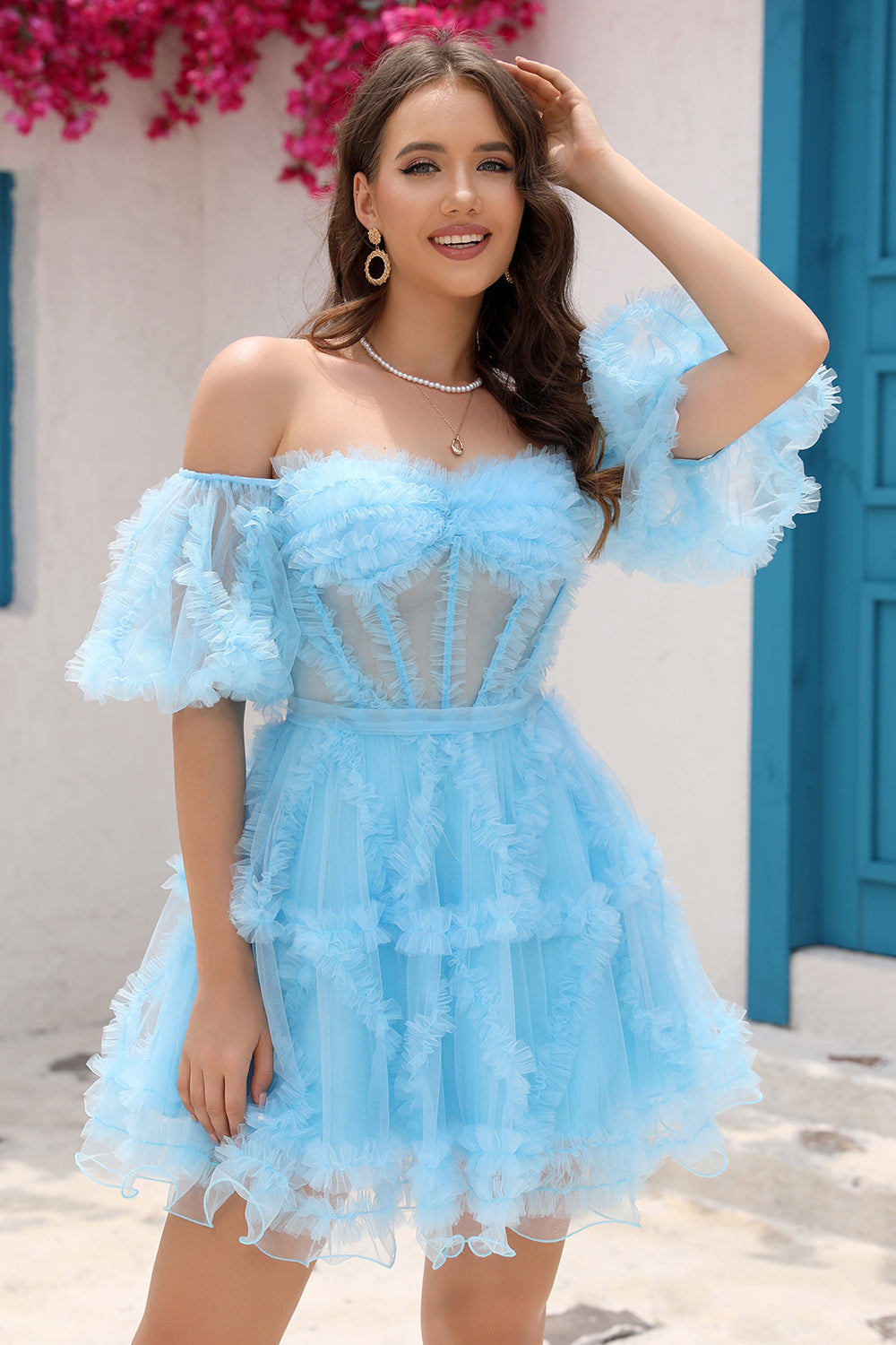 Cute A Line Off the Shoulder Black Tulle Corset Homecoming Dress