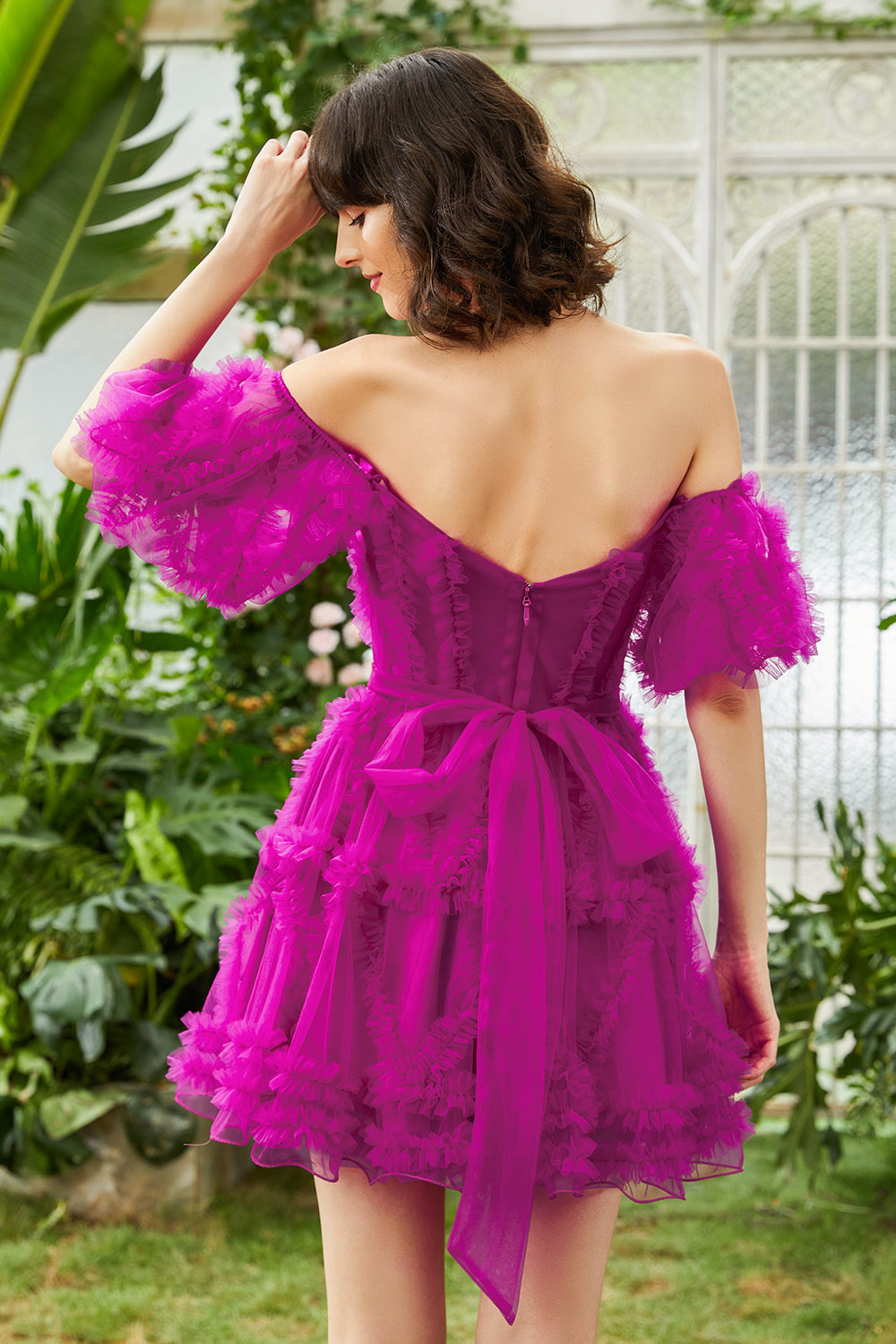 Unique A Line Off the Shoulder Fuchsia Tulle Corset Homecoming Dress