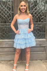 Princess A Line Strapless Blue Corset Homecoming Dress with Ruffles