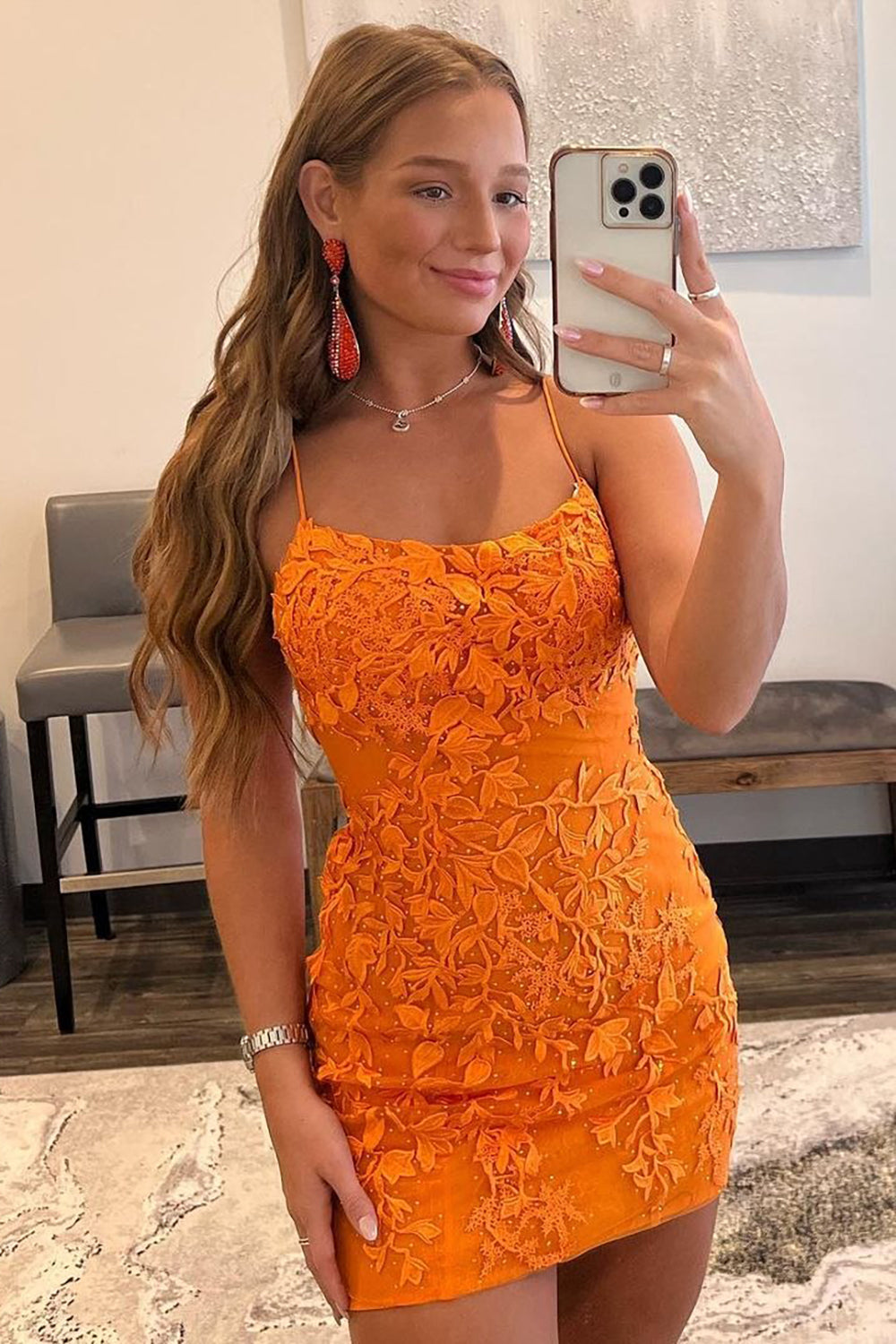 Sheath Spaghetti Straps Orange Short Homecoming Dress with Appliques