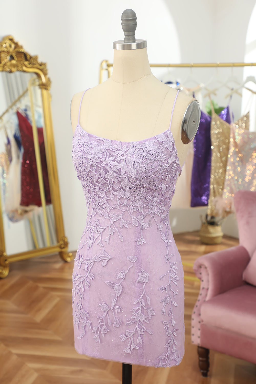 Sheath Spaghetti Straps Lilac Tight Short Prom Dress with Appliques
