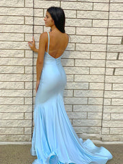 Mermaid V Neck Sky Blue Long Prom Dress