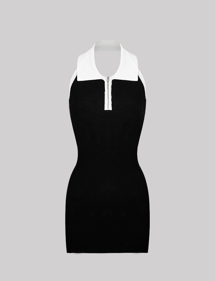 Black Lapel Knit Mini Dress