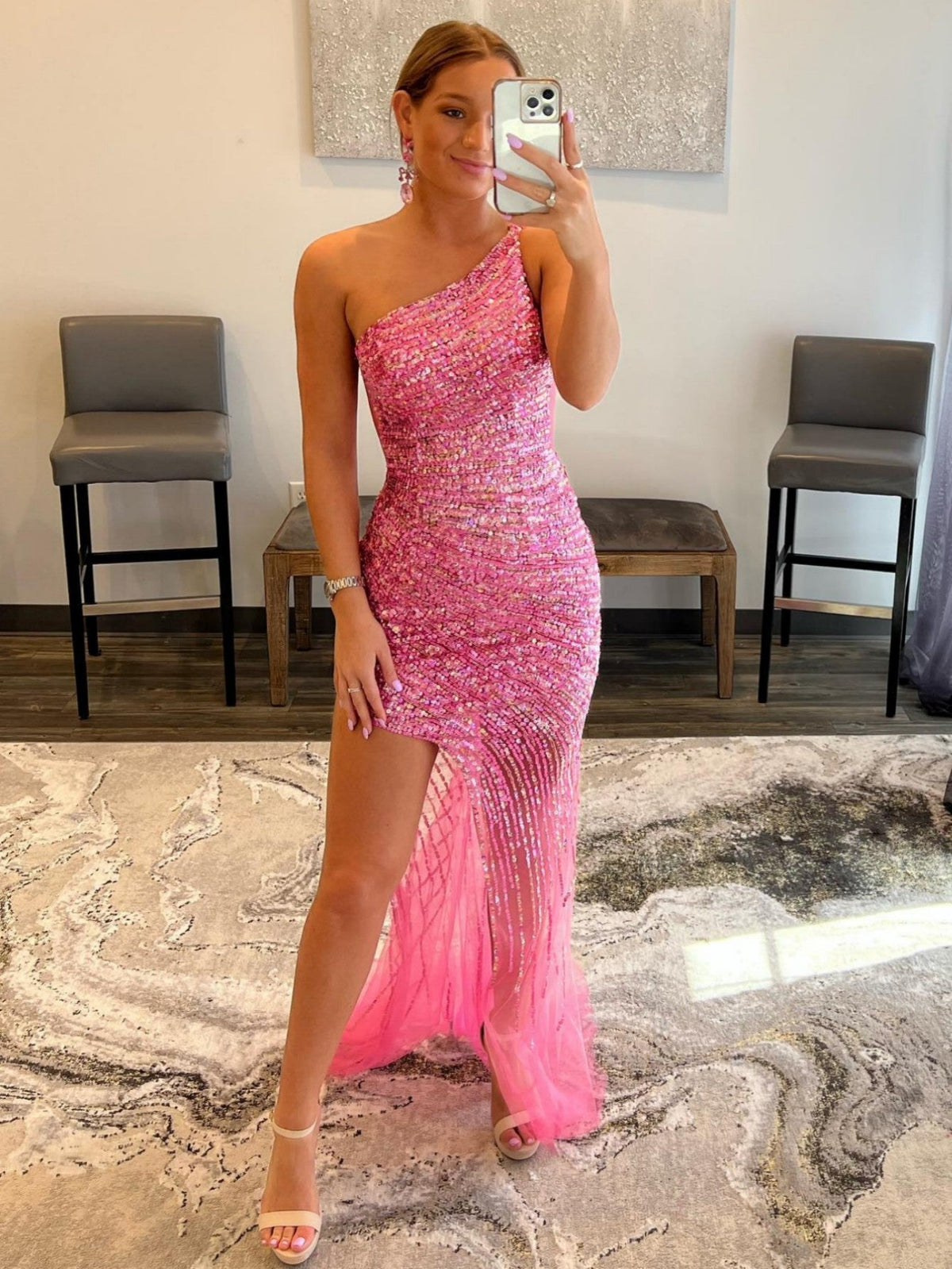 Mermaid Glitter Pink One Shoulder Long Prom Dress