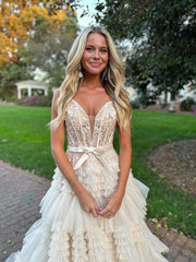 Pink A-Line Deep V Neck Lace Tiered Long Prom Dress