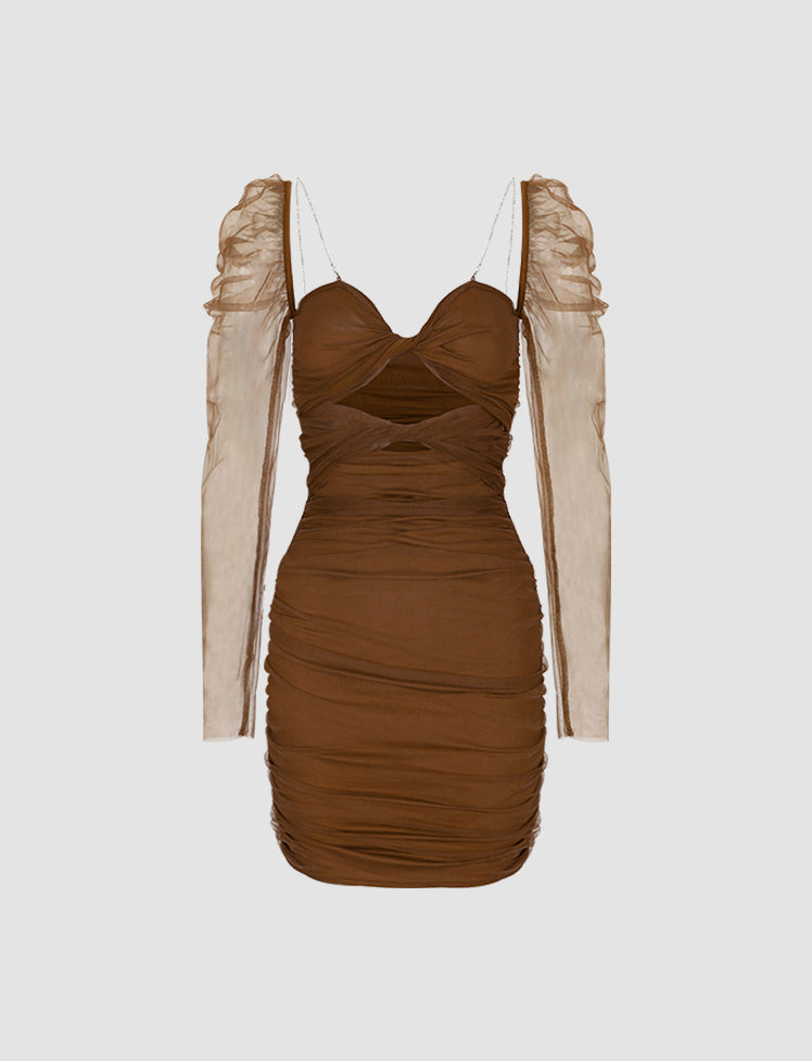 Brown Mesh Ruched Summer Bodycon Cami Dress For Women