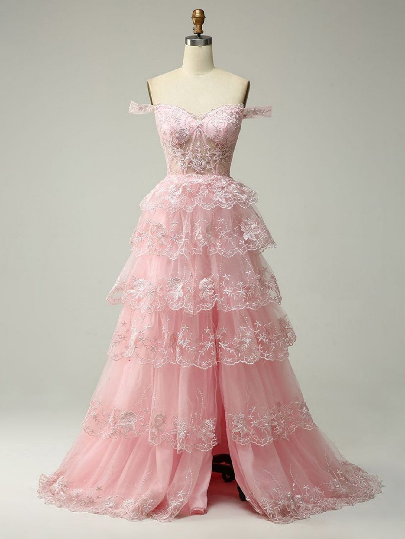 Light Pink A-Line V Neck Tiered Long Prom Dress