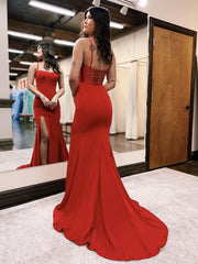 Red Mermaid Straps Tight Long Prom Dress With Slit