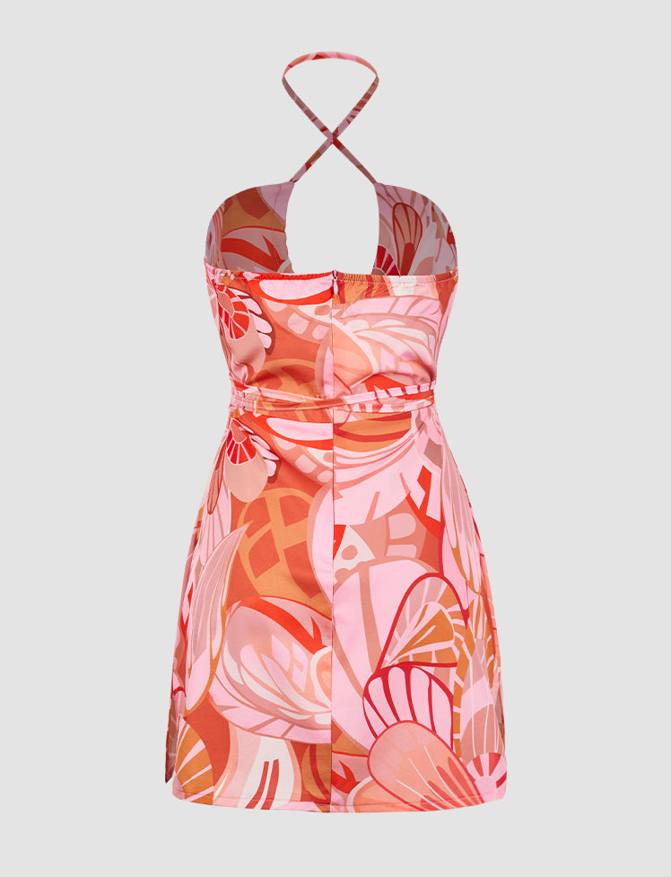 Floral Print Cutout Tie Dress
