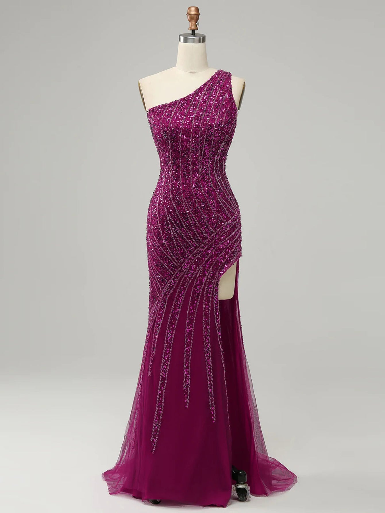 One Shoulder Sparkly Mermaid Purple Long Prom Dress with Slit