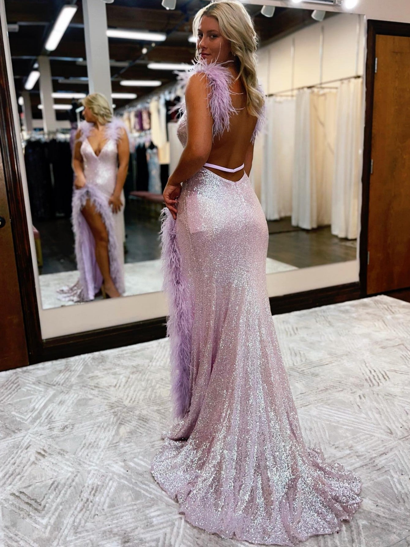 Feather Sequins Mermaid Lilac V Neck Long Prom Dress With Slit