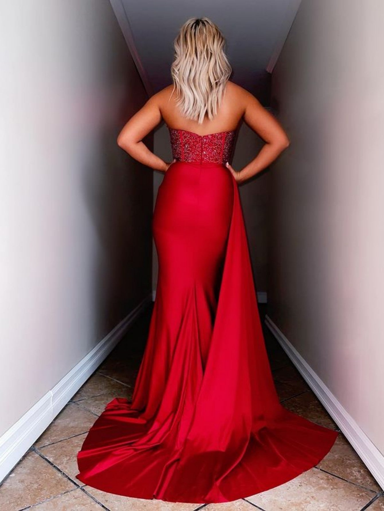 Red Strapless Satin Long Prom Dress with Slit