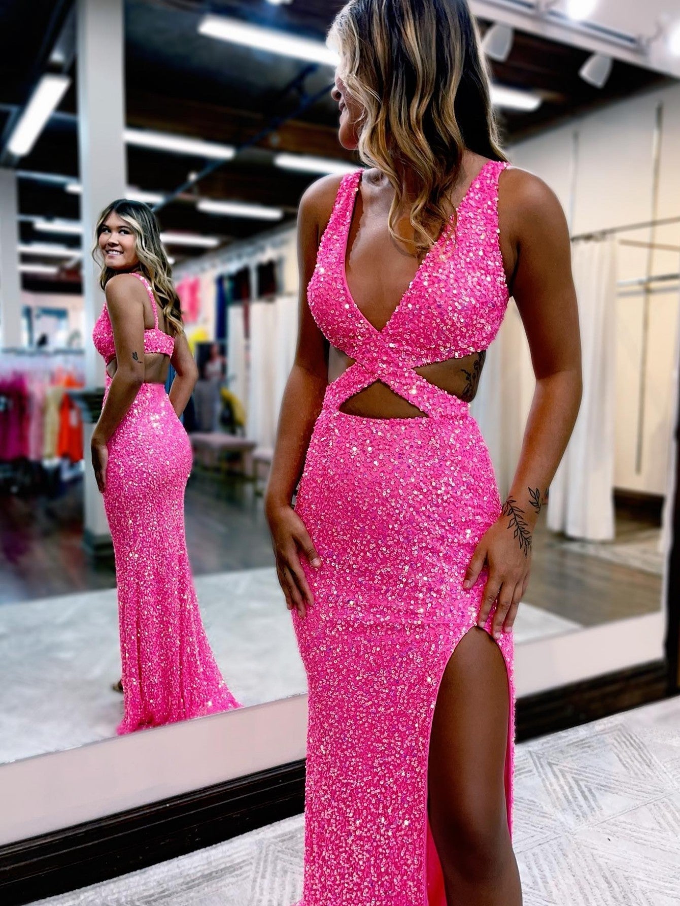 Glitter Mermaid Pink Unique Bodycon Long Prom Dress with Sequins
