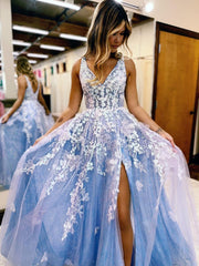 A Line Blue Tulle Long Prom Dress With Slit