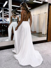 Grey And White A-Line V Neck Long Prom Dress