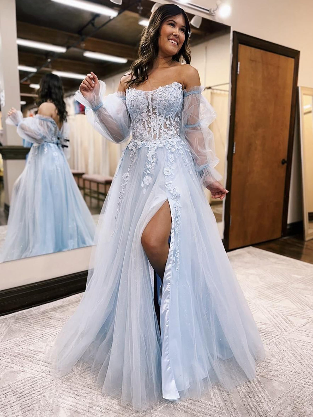 A Line Light Blue Tulle Long Prom Dress With Removable Sleeves